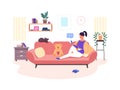 Woman surfing internet on sofa. Girl relaxing home use mobile phone, lady using smartphone rest couch and drink tea or Royalty Free Stock Photo