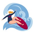 Woman surfing in sea, vector illustration. Cartoon surfer character at summer ocean, extreme surf sport. Girl person