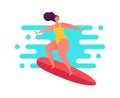 Woman surfing on the swell in striped swimwear.
