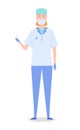 Woman surgeon standing in medical uniform, mask, hat, gloves and with scalpel in hand. Flat image