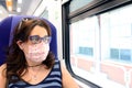 Woman with surgical mask travels by train