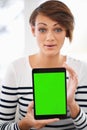 Woman, surprise and tablet for mockup, green screen and advertising online for technology or app user. Information, news Royalty Free Stock Photo
