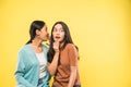 woman surprised when her friend talks whispering in her ear with copyspace Royalty Free Stock Photo