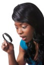 Woman surprised with magnifying glass