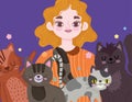 Woman surrounded by cats, adorable pets