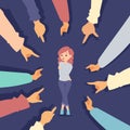 Woman surrounded by pointing hands, victim blaming vector illustration