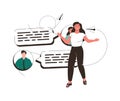 Woman surrounded by speech bubbles. Concept of verbal communication skills or abilities, business