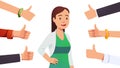 Woman surrounded by thumbs up gesturing hands