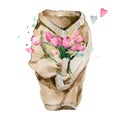 Woman sweater with bouquet of tulips flowers lie on white background. woman`s casual outfit  romantic watercolor illustration. Tre Royalty Free Stock Photo