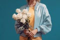 white woman bouquet flower yellow floral hand romantic blossom sweater blue. Generative AI. Royalty Free Stock Photo