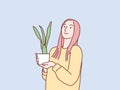 Woman in sweater outfit holding plant Happy posing simple korean style illustration