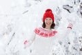 Woman in sweater playing snow ball fight in winter Royalty Free Stock Photo