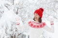 Woman in sweater playing snow ball fight in winter Royalty Free Stock Photo