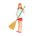 Woman Sweeping The Floor With Broom, Cartoon Adult Characters Cleaning And Tiding Up