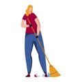 Woman sweeping floor with broom, casual clothing, housekeeping chore. Cleanliness and domestic work vector illustration