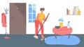 Woman sweeping floor at home, cleaning household routine, vector illustration
