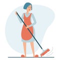 Woman sweeping the floor using broom isolated