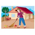 Woman sweeping leaves around her house with a broom, yard, cartoon illustration, autumn, yard