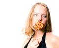Woman and sweet sugar candy. Royalty Free Stock Photo