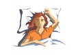 Woman sweetly sleeping on pillow with hand up