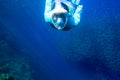 Woman swim with fish school. Girl snorkeling in full-face mask. Snorkel with fish colony underwater photo Royalty Free Stock Photo