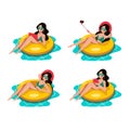 Woman swiming on yellow inflatable ring in swimming pool. Vector cartoon illustration. Summer vacation design elements