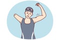 Woman swimmer with one arm showing strength by showing biceps as sign of victory. Vector image