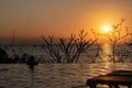 Woman in swimming pool looking at sunset in Ixtapa Zihuatanejo beach Royalty Free Stock Photo