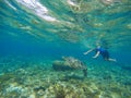 Woman swimming with sea turtle. Exotic sea animal. Tropical island vacation sport activity. Royalty Free Stock Photo