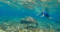 Woman swimming with sea turtle. Tropical island vacation sport activity.