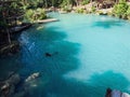 Woman swimming turquoise water of cambugahay waterfalls in Siquijor Island