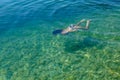 Woman swimming under water in clear lake with fish