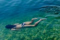 Woman swimming under water in clear lake with fish