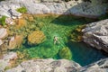 Woman swimming in water natural pond