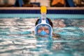 Woman swims in full face snorkeling mask