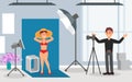 Woman in Swimsuit at Photo Shoot or Photo Session Posing In front Of Camera Vector Illustration