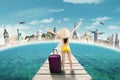 Woman in swimsuit take a journey to the world monuments Royalty Free Stock Photo
