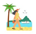 Woman in swimsuit walking on the beach, flat vector illustration isolated. Royalty Free Stock Photo