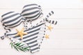 Woman swimwear and beach accessories flat lay top view on colored background Summer travel concept. bikini swimsuit Royalty Free Stock Photo