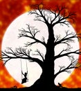 Woman on a swing on a tree against the backdrop of a large moon