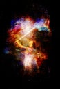 Woman with sword in beautiful cosmic space.