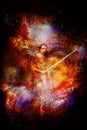 Woman with sword in beautiful cosmic space.