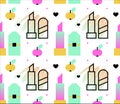 Woman symbols seamless pattern. Lipstick, apples. Royalty Free Stock Photo