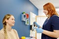 A woman with symptoms of dizziness is seen by a neurologist. The doctor explains to the patient about the structure of the inner Royalty Free Stock Photo