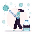 Woman with syringe fights coronavirus bacteria. Girl with antiviral drug fighting covid-19. Bottle with vaccine dose from corona Royalty Free Stock Photo