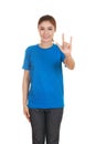 Woman in t-shirt with hand sign I love you Royalty Free Stock Photo