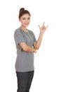 Woman in t-shirt with hand sign I love you Royalty Free Stock Photo