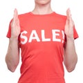 Woman with t-shirt with an inscription sale shop buy discount