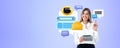 Woman with tablet, chat bot speech bubbles and communication