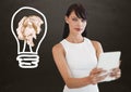 Woman with tablet standing next to light bulb with crumpled paper ball in front of blackboard Royalty Free Stock Photo
